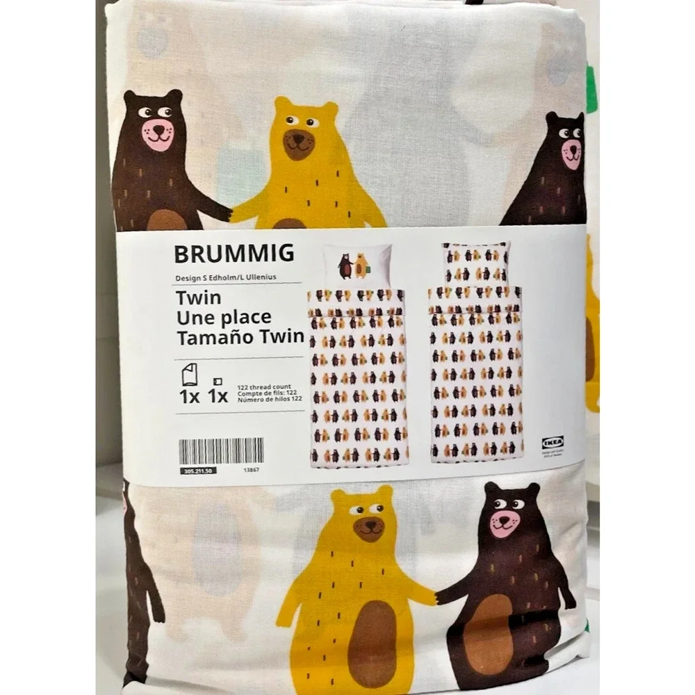 IKEA BRUMMIG Duvet Cover Pillowcase Bear Yellow Brown Twin 305.211.50-NEW